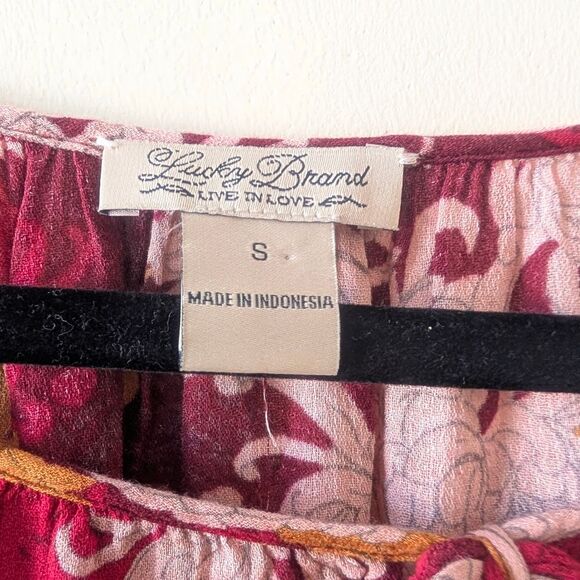 Lucky Brand Boho Floral Peasant Blouse Red Gold Long Sleeve Top Size Small - Picture 4 of 6